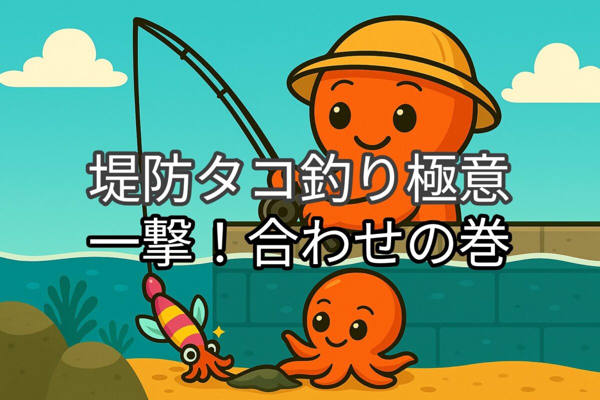 タコボーイがタコ釣りをしているイラスト画像。タコを感じて合わそうとしている様子。