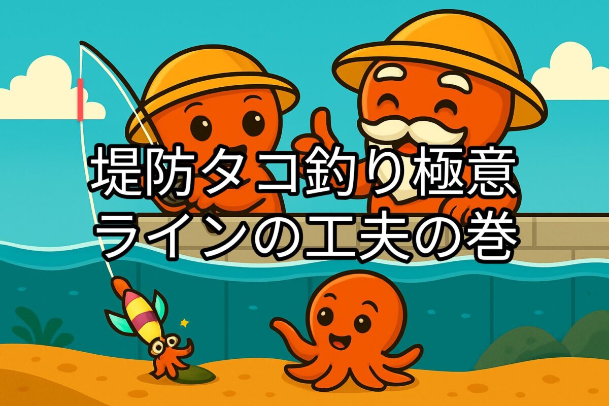 タコ仙人とタコボーイの堤防釣りイラスト。ラインには底を測るための赤い目印を入れている。