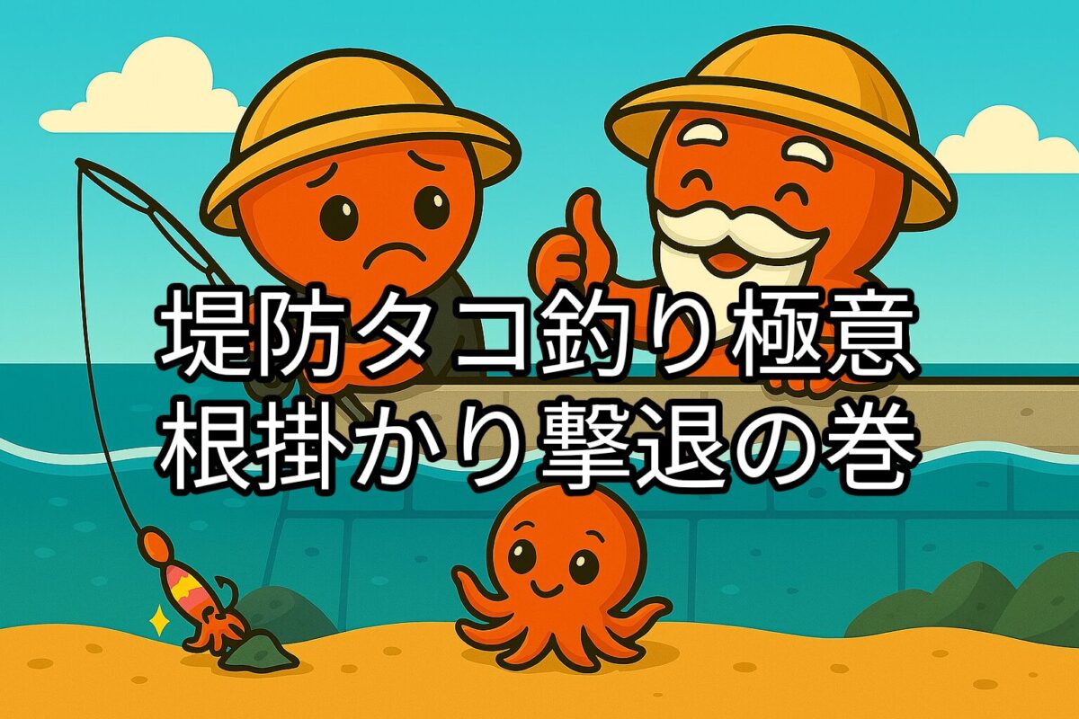堤防でタコ釣りをしているタコ仙人とタコボーイのイラスト。タコボーイが根掛かりをして困っている様子。