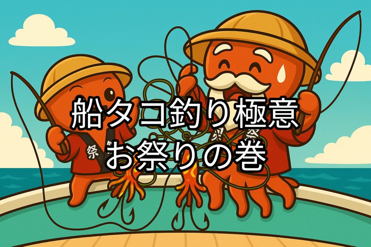 船タコ釣りでお祭り（仕掛けが絡んでいる）をしているタコ仙人とタコボーイのイラスト