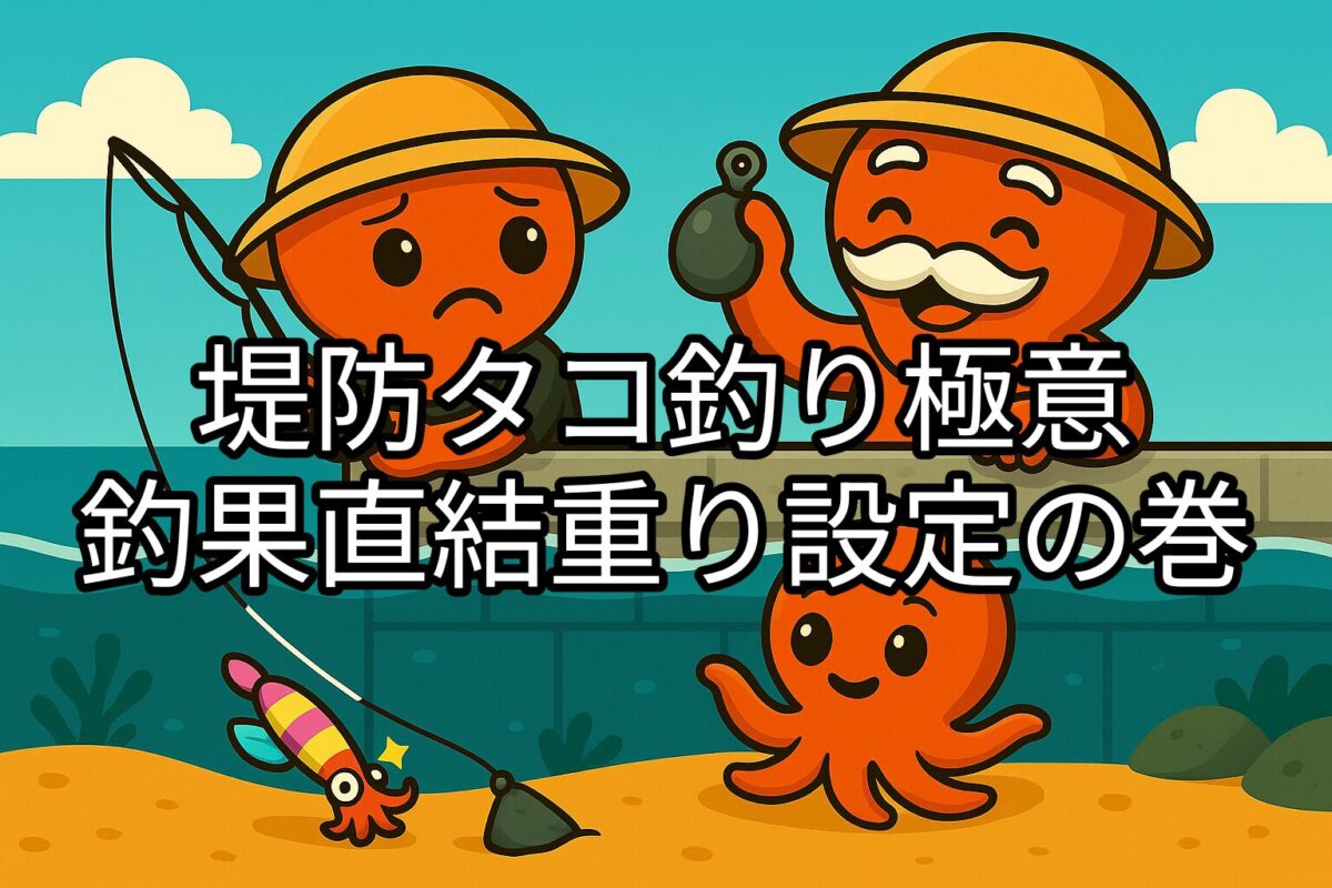 堤防タコ釣りをするタコ仙人とタコボーイのイラスト。仕掛けが流されて困っているタコボーイにタコ仙人がアドバイスをしている様子。