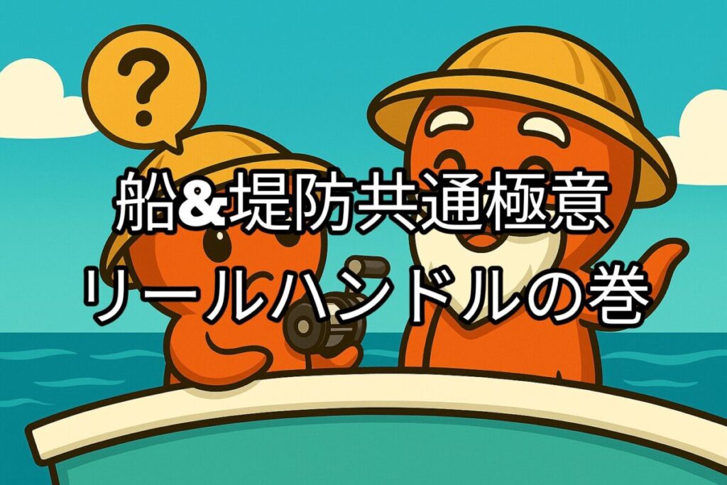 タコ仙人にリールハンドルについて質問するタコボーイのイラスト