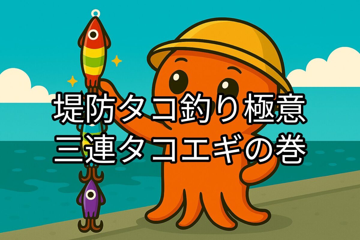 3連タコエギを持つタコボーイのカワイイキャラクターイラスト