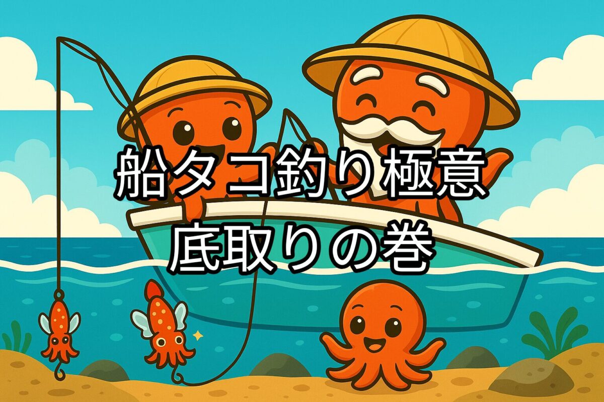 タコ仙人とタコボーイが船からタコ釣りをしている可愛いキャラクターイラスト