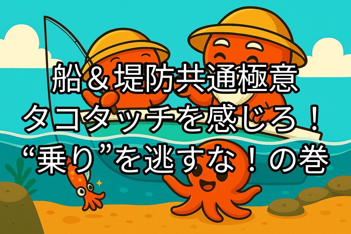船の上でタコ釣りをするタコ仙人とタコボーイのイラスト。タコボーイのタコエギには、タコが近づいている。