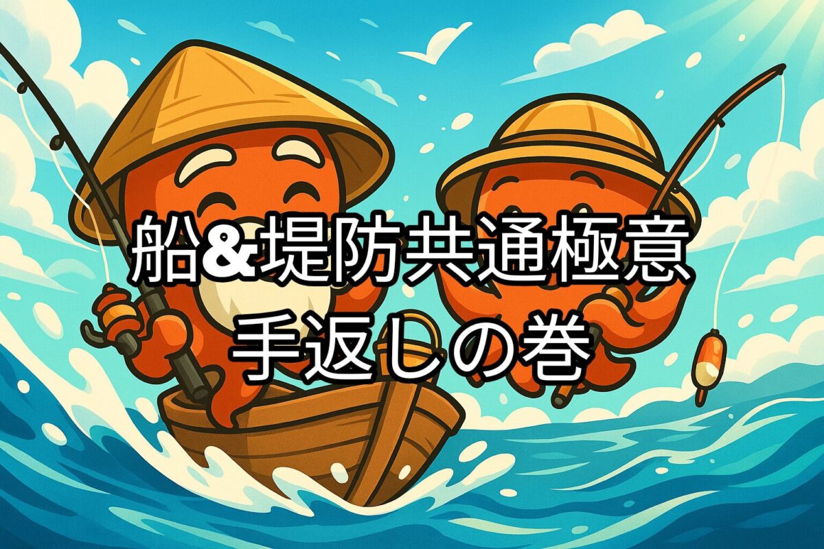 タコ仙人とタコボーイがスピード感のある船に乗っているカワイイキャラクターイラスト。