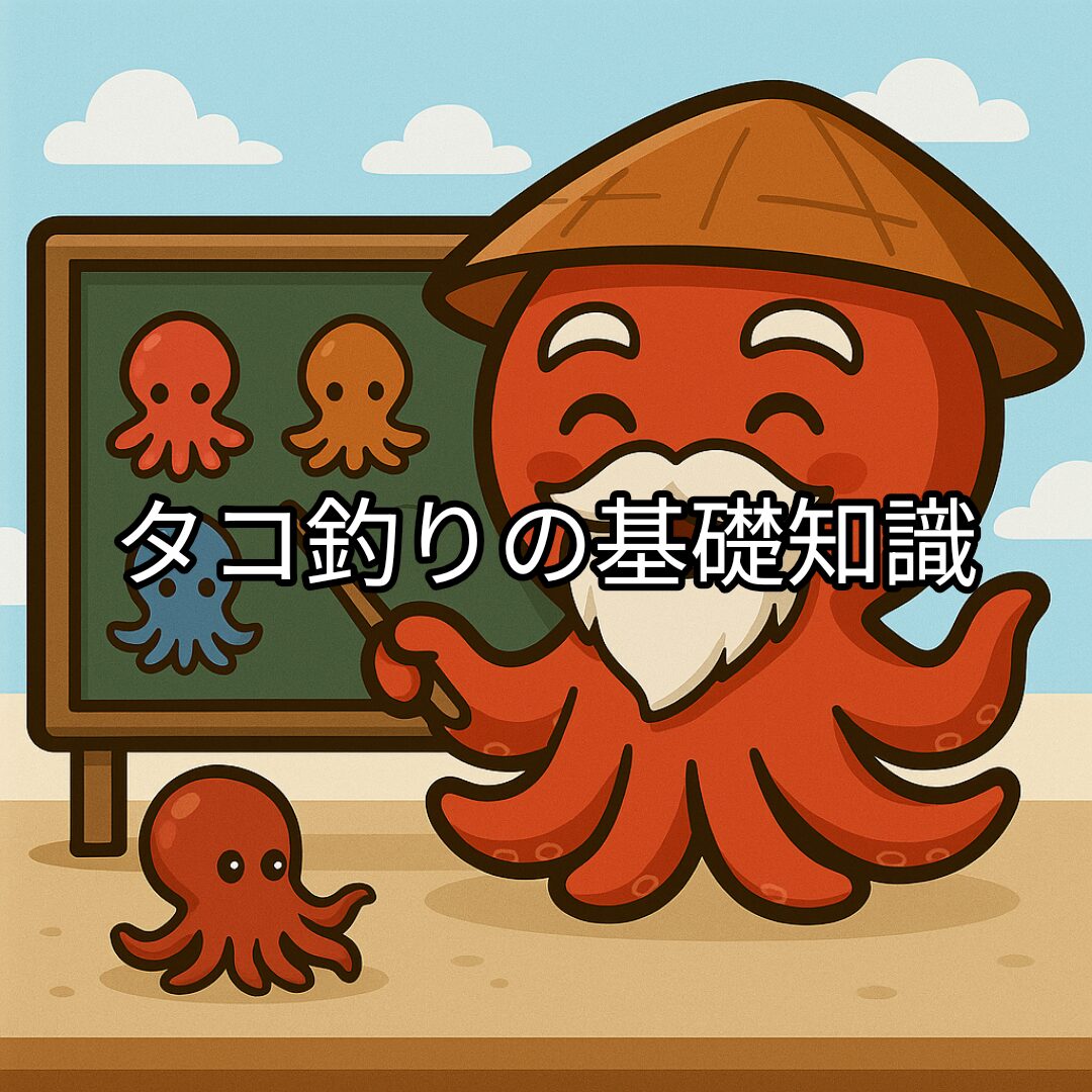 タコ釣りの基礎知識を黒板を使って説明しているタコ仙人のキャラクターイラスト