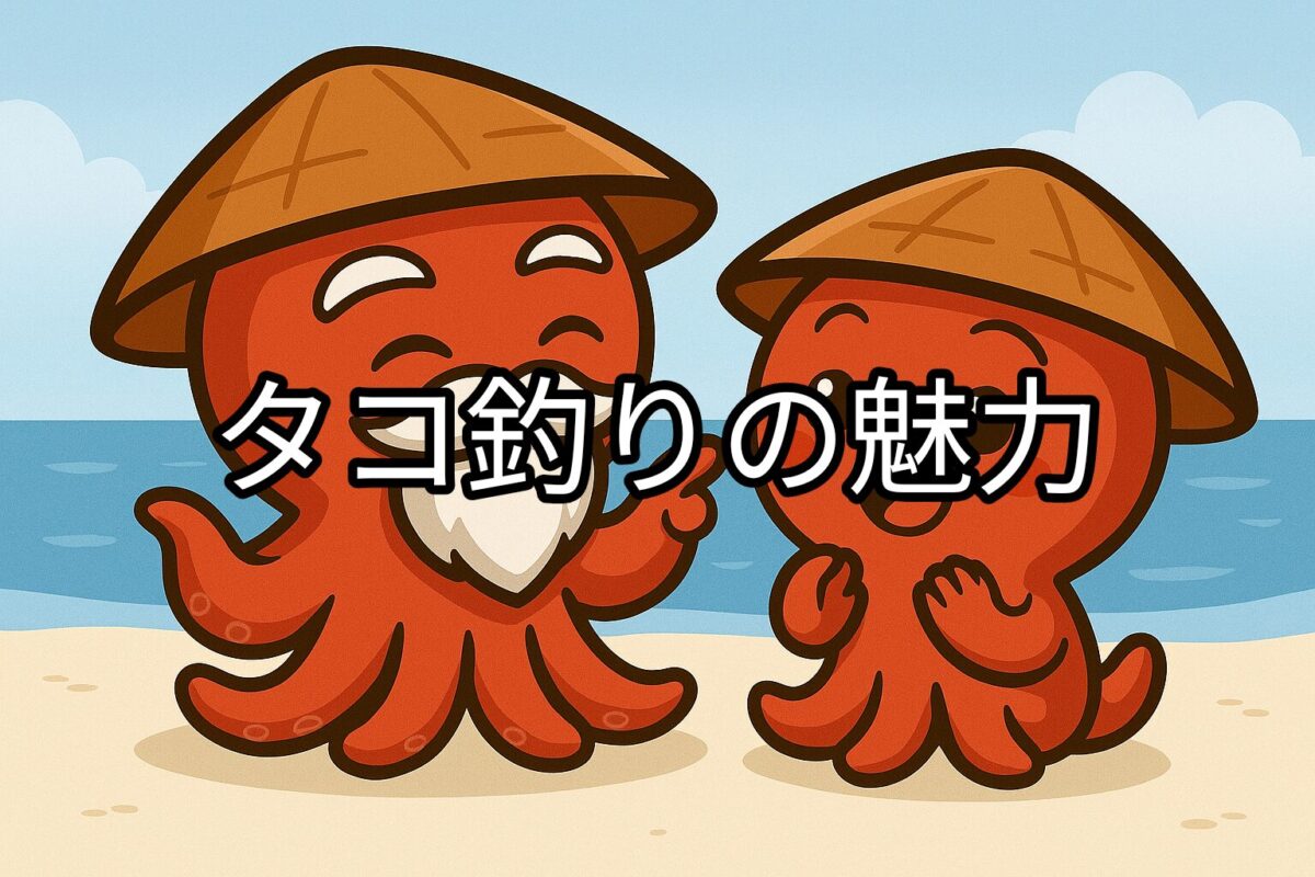 タコ仙人が楽しそうにタコ釣りの魅力を説明し、タコボーイが楽しそうに話を聞いている様子