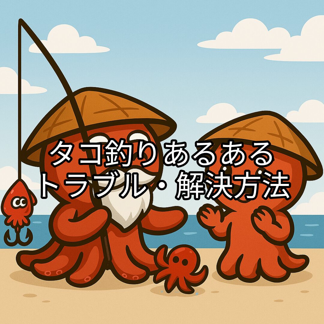 タコ仙人が嬉しそうにタコ釣りのアルアルをタコボーイに説明しているイラスト