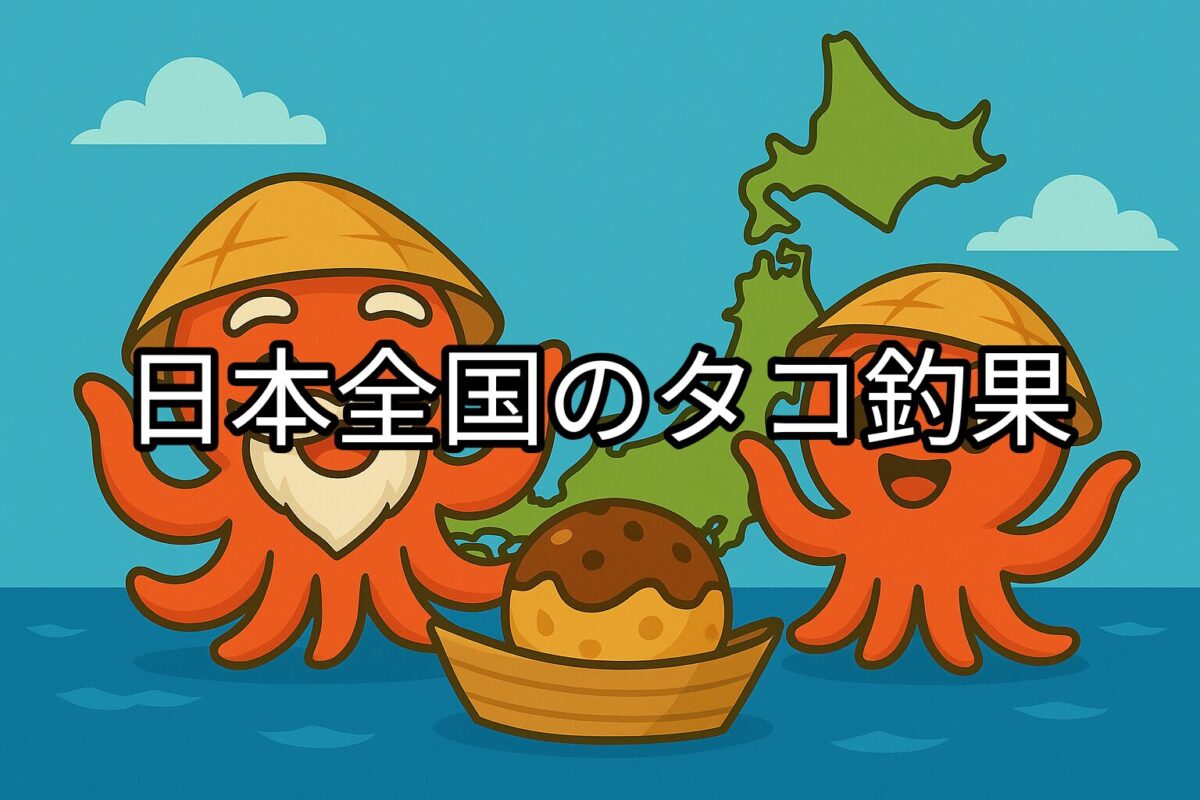 日本地図の前で各地のタコ釣果情報を案内するタコ仙人とタコボーイのイラスト