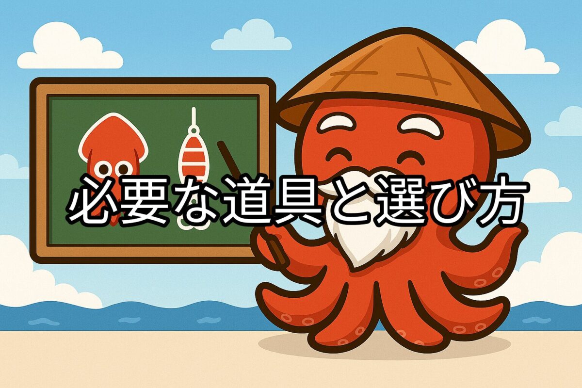 タコ釣りが嬉しそうにタコ釣り道具を説明しているイラスト