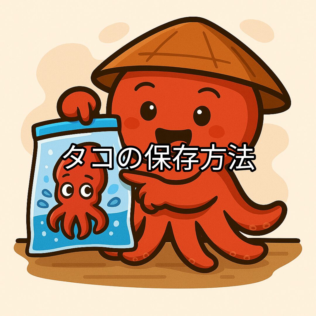 タコボーイが得意気にタコを袋にいれて保存しているキャラクターイラスト