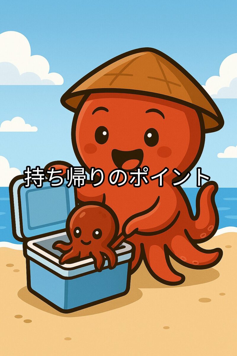 タコボーイが嬉しそうにタコをクーラーボックスに入れて持ち帰る様子のイラスト