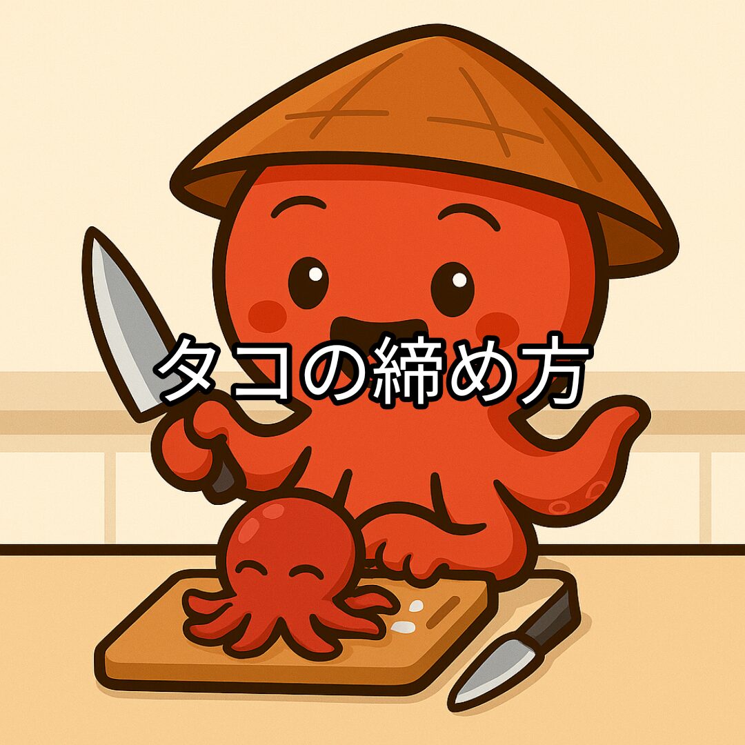タコボーイがタコを絞める様子を描いたキャラクターイラスト