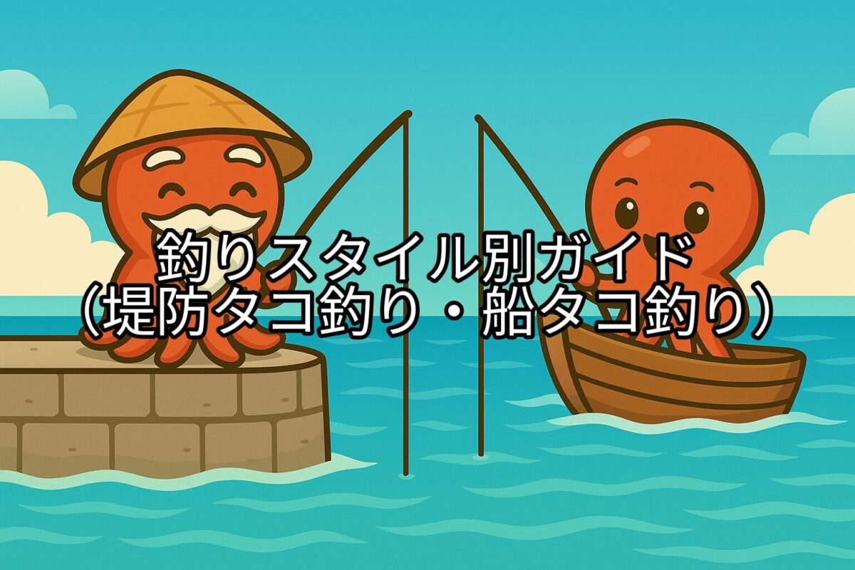 タコ仙人が堤防釣り、タコボーイが船釣りをしている可愛いキャラクターイラスト